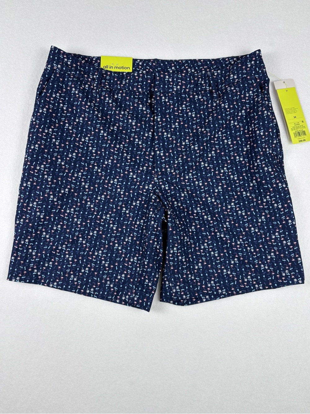 All in Motion Men’s Size 34 Navy Flamingo Tropical Print Golf Shorts NWT